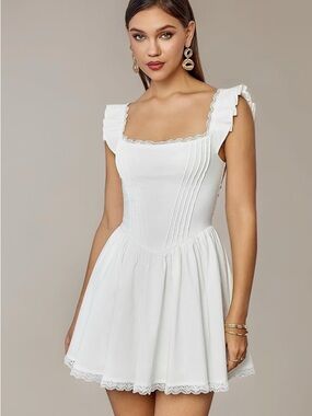 NWT- White Square Neck Lace-Trim Women’s Dress